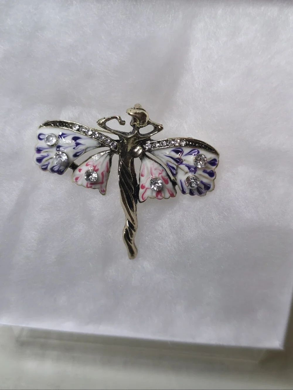 Elegant Gold-Tone Fairy Wing Brooch with White, Purple & Pink Enamel